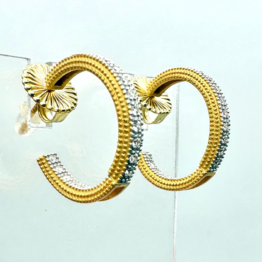 Freida Rothman Signature CZ Pave Matte Gold Over Sterling Silver Hoop Earrings - Picture 3 of 5